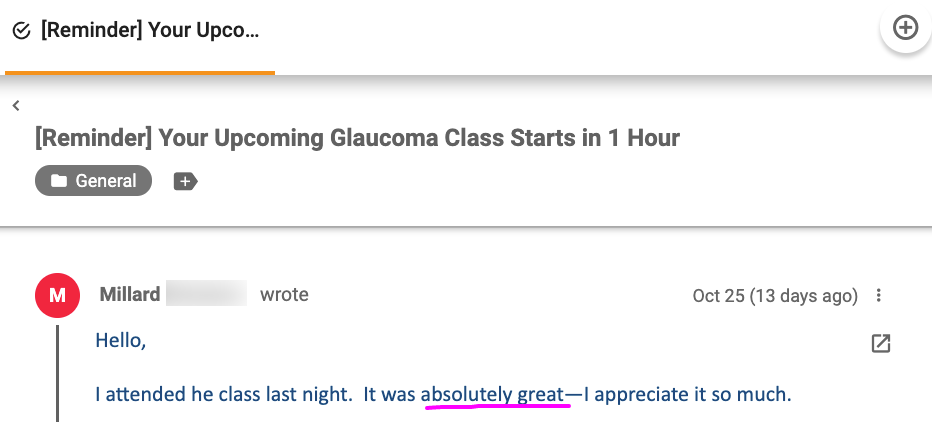 _Reminder Your Upcoming Glaucoma Class Starts in 1 Hour - Eyesight Matters Inc Support Desk